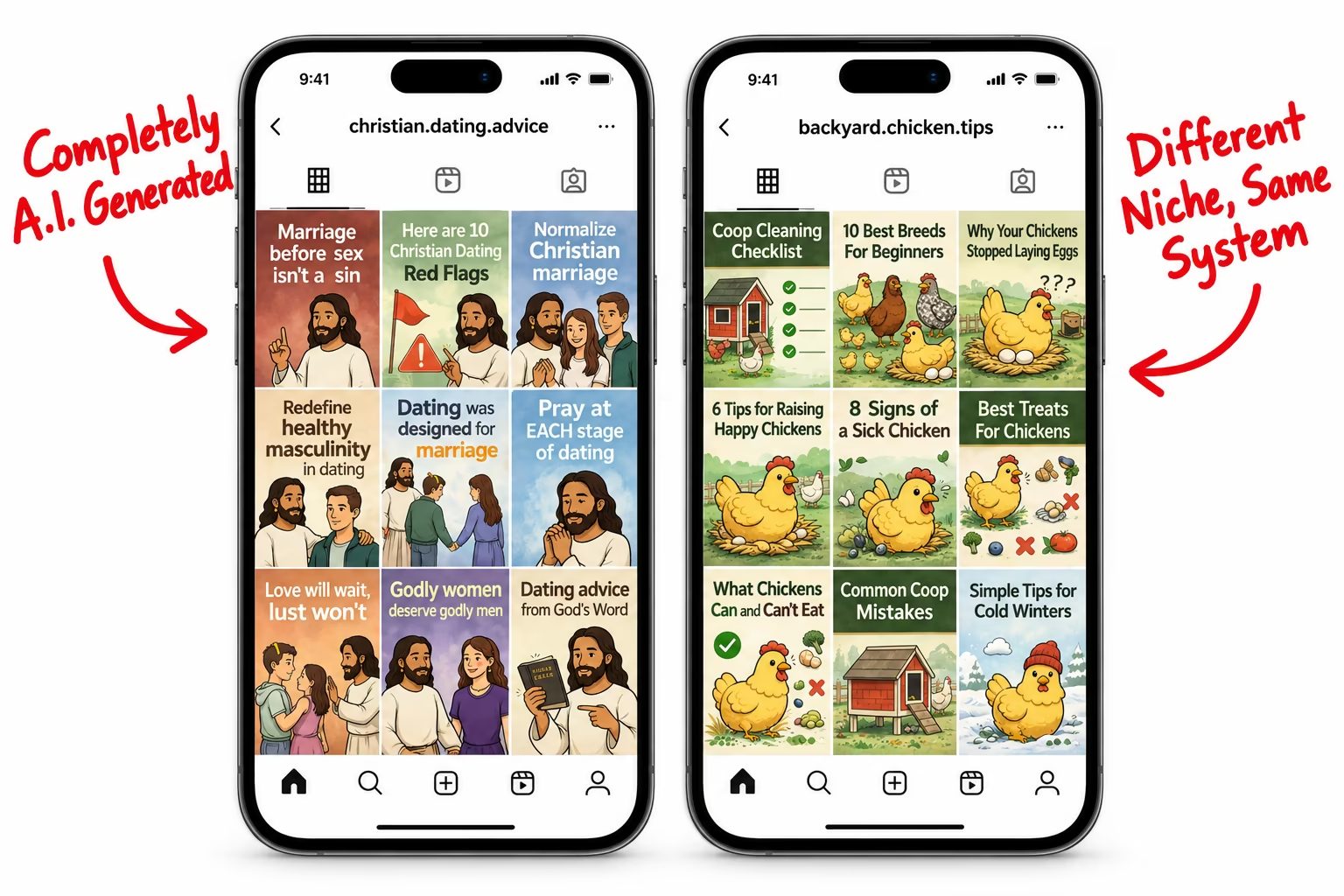 Two example faceless Instagram pages in different niches, both made with A.I.